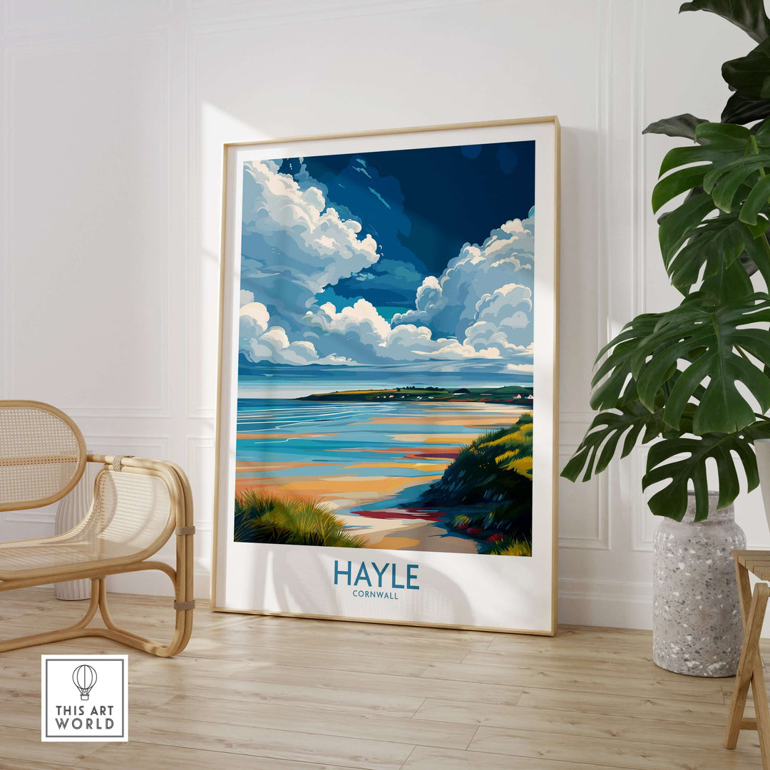 Hayle wall art featuring Cornwall's coastline, with vibrant skies and ocean views, perfect for nature-inspired decor.