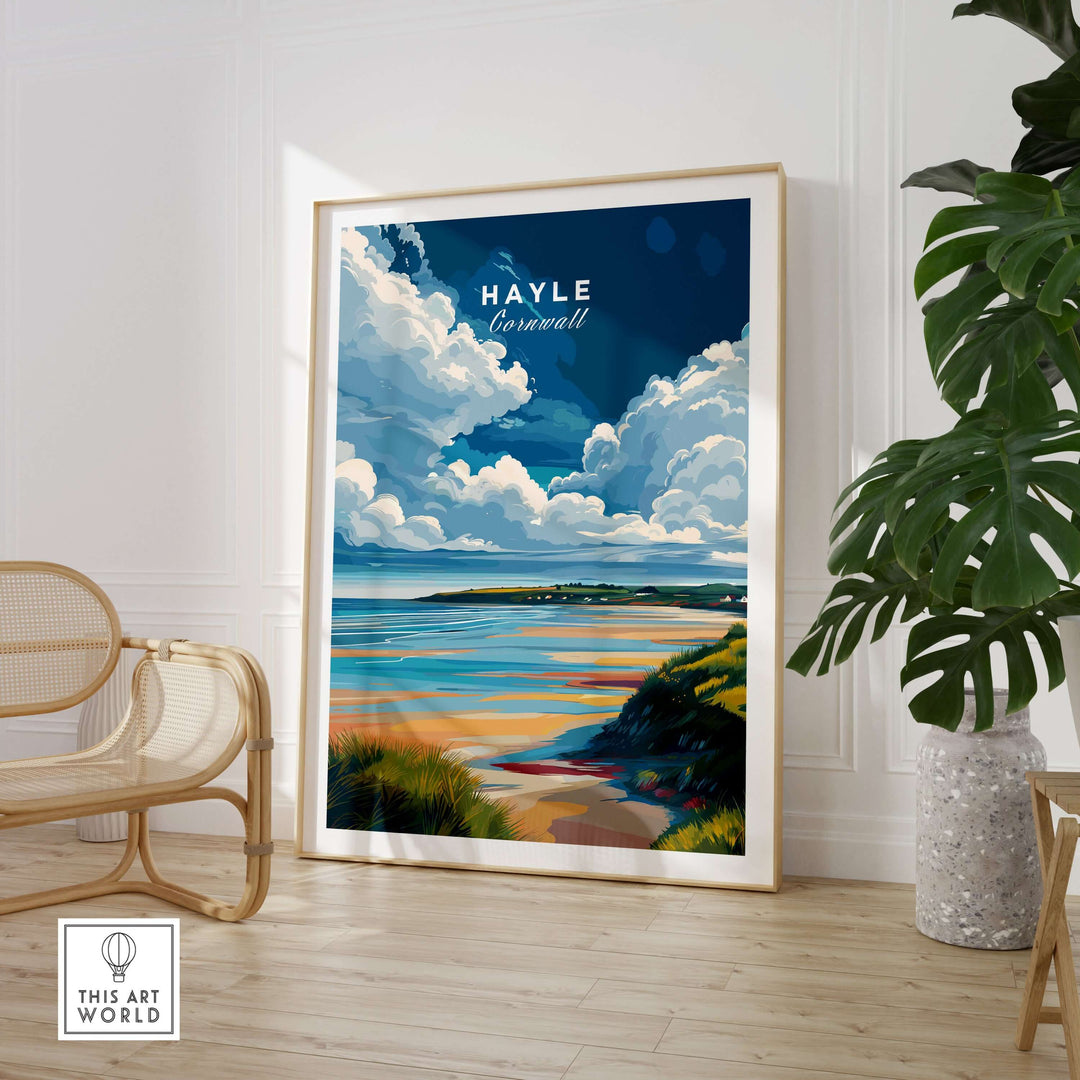Hayle Ocean View print showcasing Cornwall's coastline, vibrant colors in stylish room decor with coastal vibes.