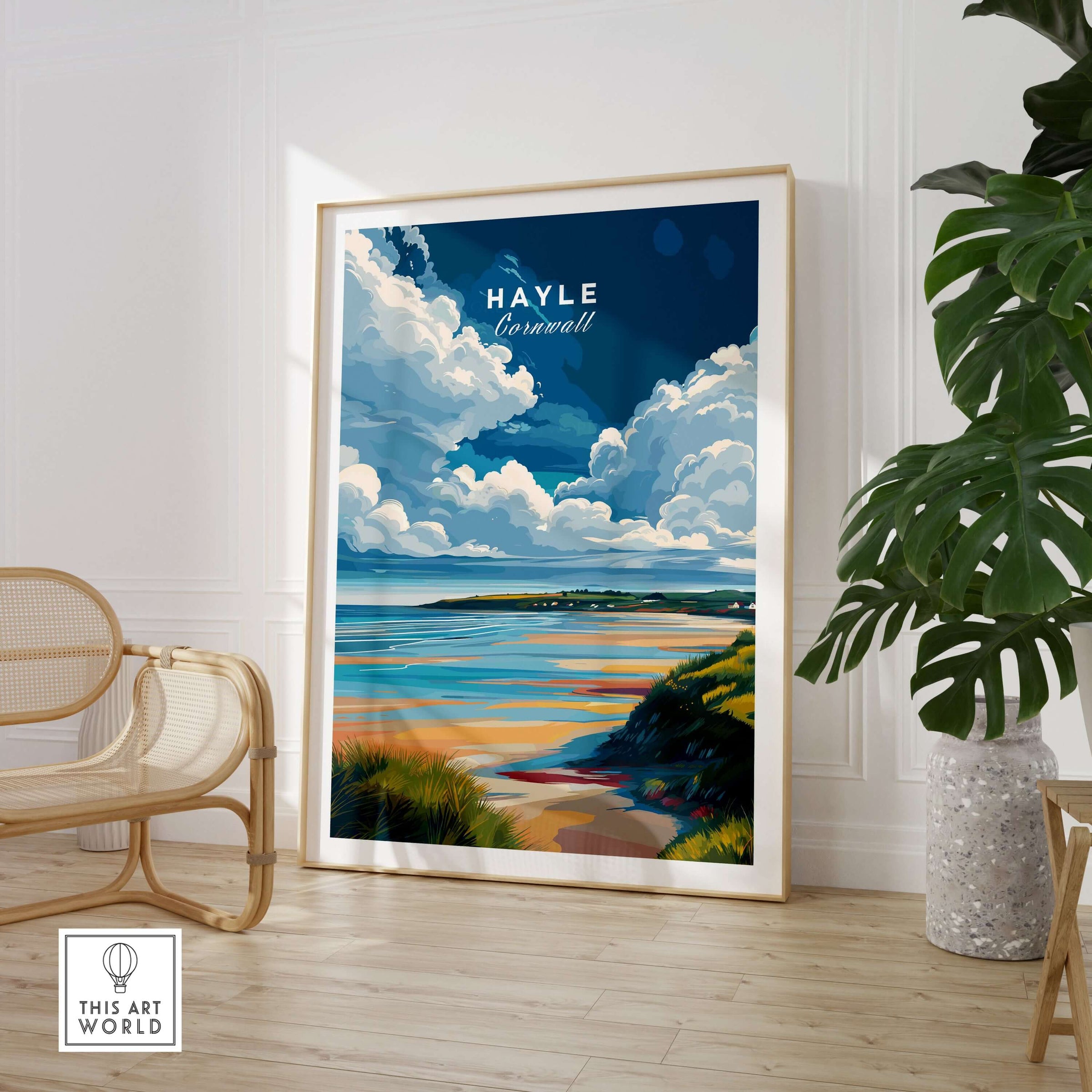 Hayle Ocean View Print - Cornwall Travel Poster displayed in a stylish interior setting with coastal scenery.