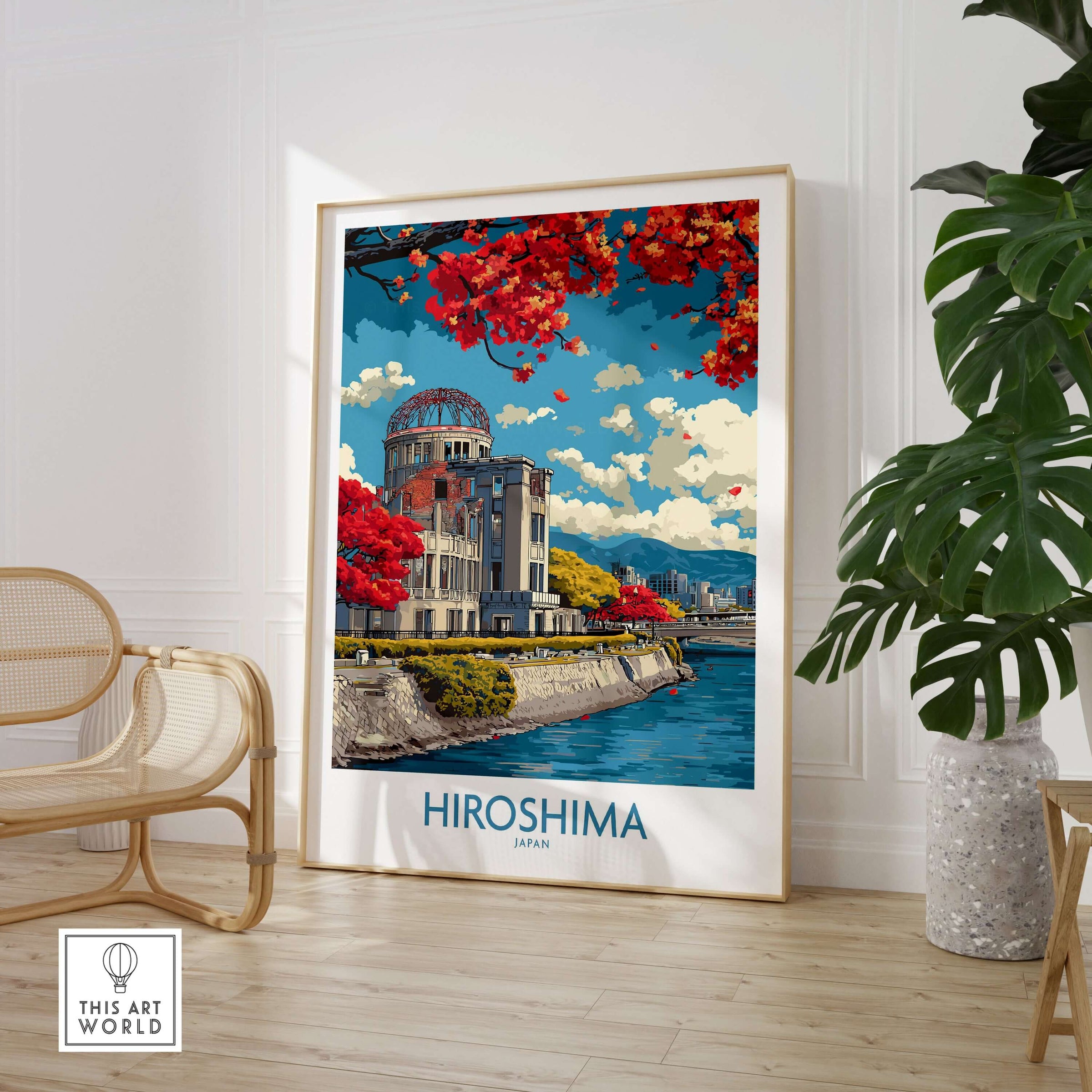Hiroshima Japan Genbaku Dome Poster - Historic Landmark Decor in stylish home interior setting.