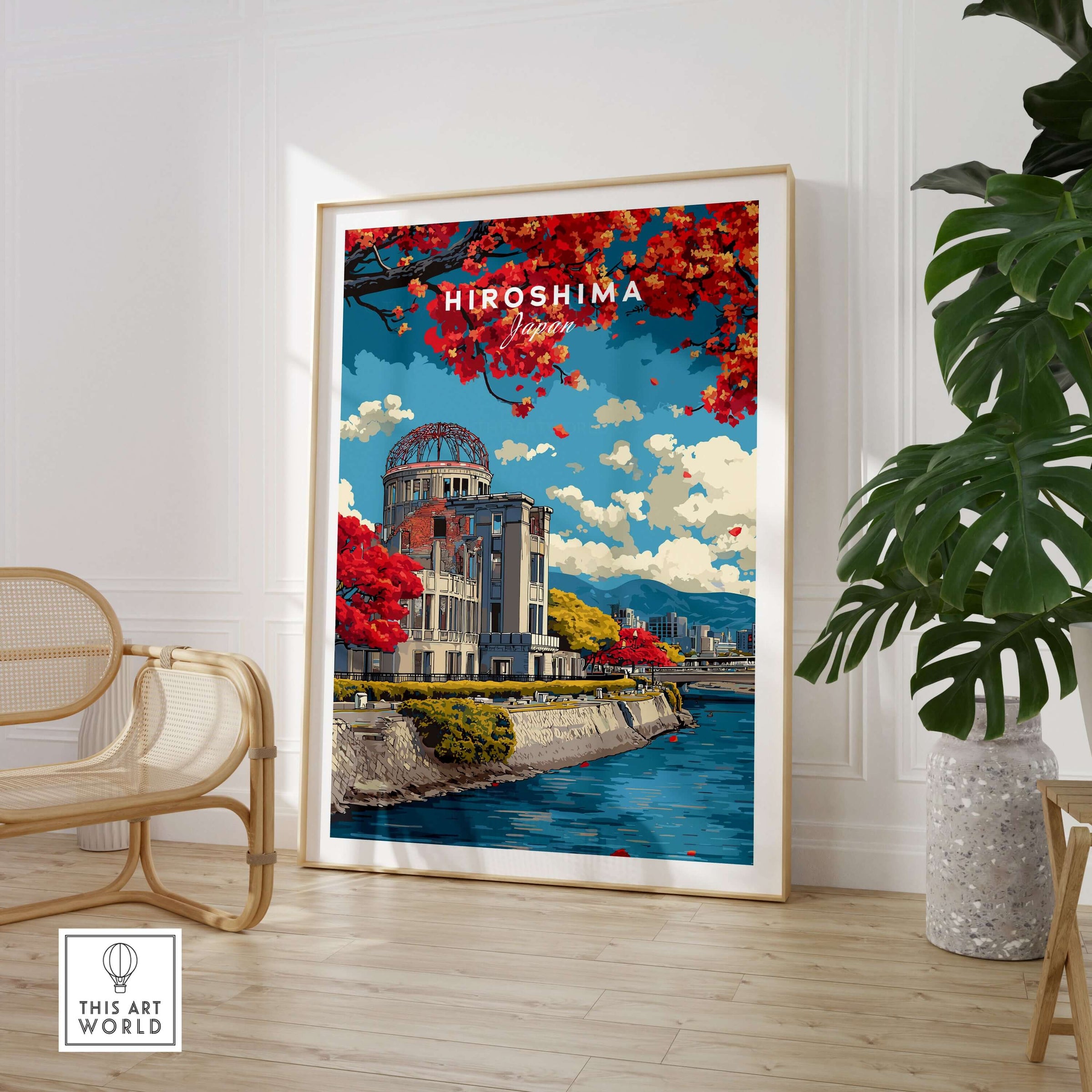 Hiroshima Japan Print Wall Art depicting the iconic Atomic Bomb Dome surrounded by vibrant cherry blossoms.