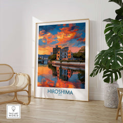 Hiroshima Japan Print - Symbolic Cityscape Decor featuring sunset skyline reflection in modern living room.