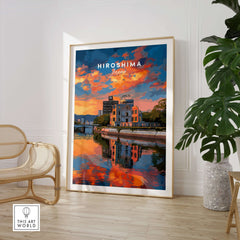 Hiroshima Japan Sunset Poster - Vibrant Sky Wall Art showcasing a stunning sunset reflecting on water.