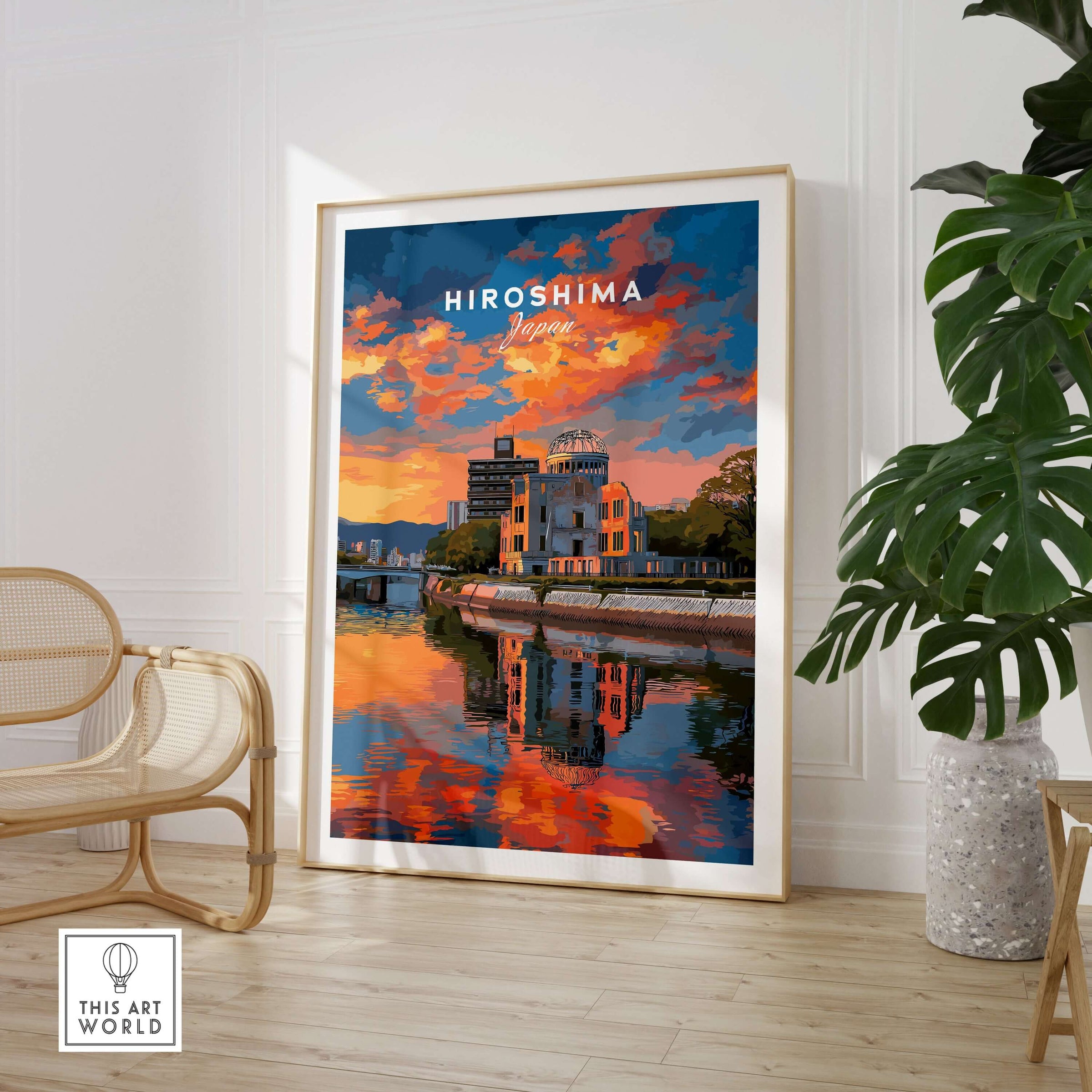 Hiroshima Japan Sunset Poster - Vibrant Sky Wall Art showcasing a stunning sunset reflecting on water.