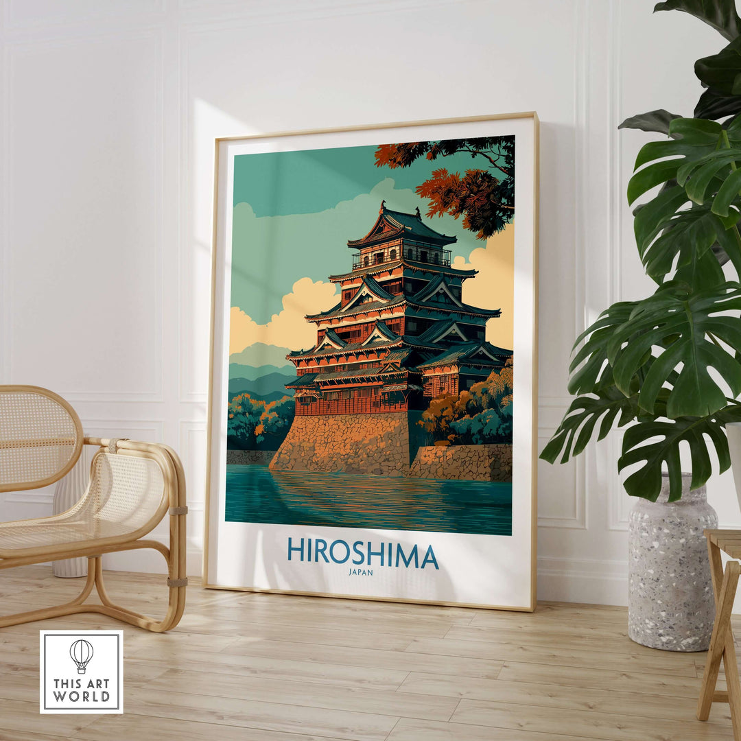 Hiroshima Japan wall art featuring traditional architecture in a stylish interior setting.