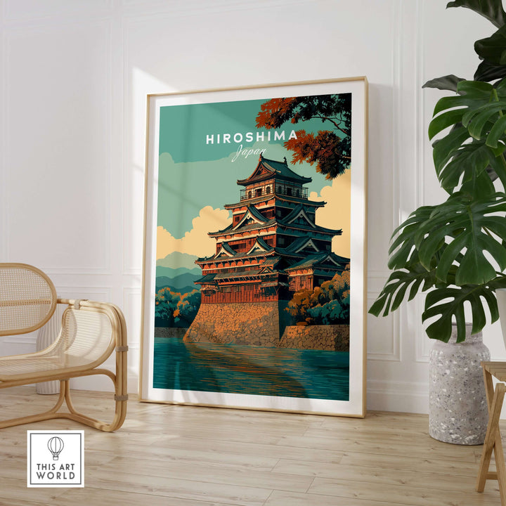 Hiroshima architecture poster showcasing a historic Japanese castle, framed and displayed in a stylish interior setting.