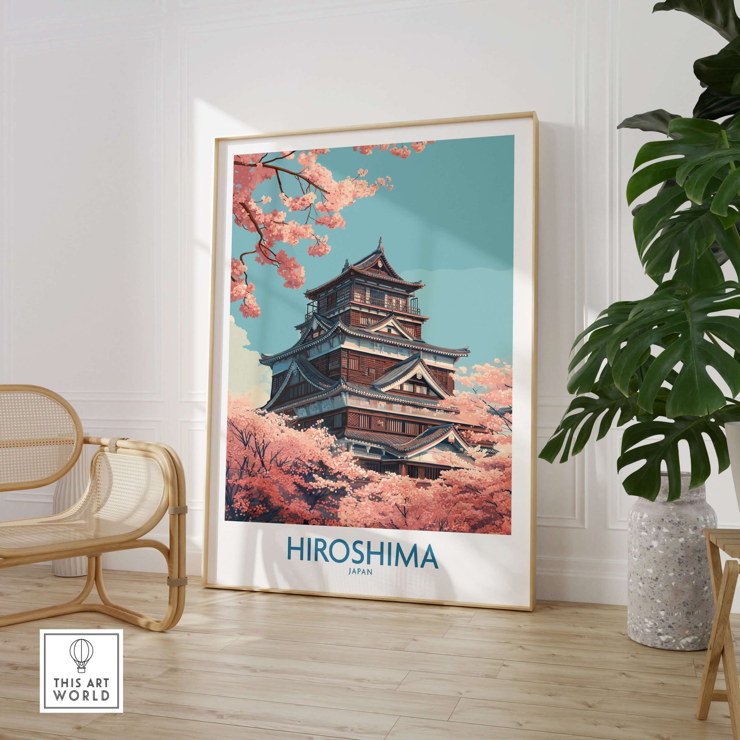 Hiroshima Wall Art Print Japan Cherry Blossom Poster showcasing a stunning artwork of cherry blossoms and a traditional building.