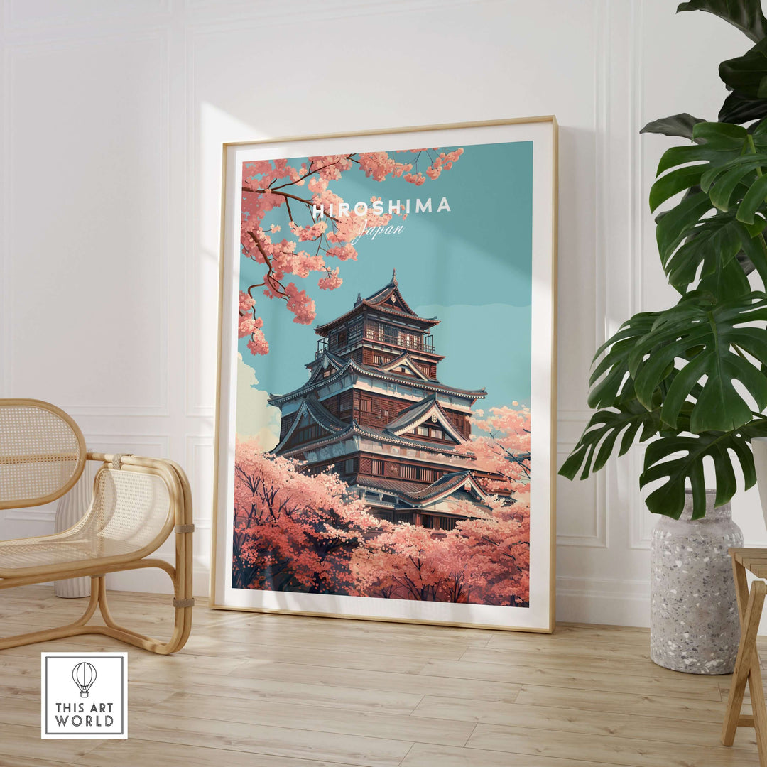 Hiroshima cherry blossom poster showcasing a Japanese landmark framed in a stylish living space.