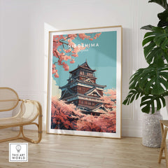 Hiroshima Poster Japan Cherry Blossom - Springtime Japanese Landmark Art showcasing a beautiful pink cherry blossom scene.