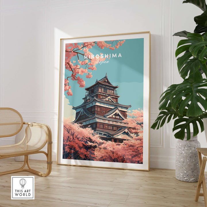 Hiroshima cherry blossom poster showcasing a Japanese landmark framed in a stylish living space.