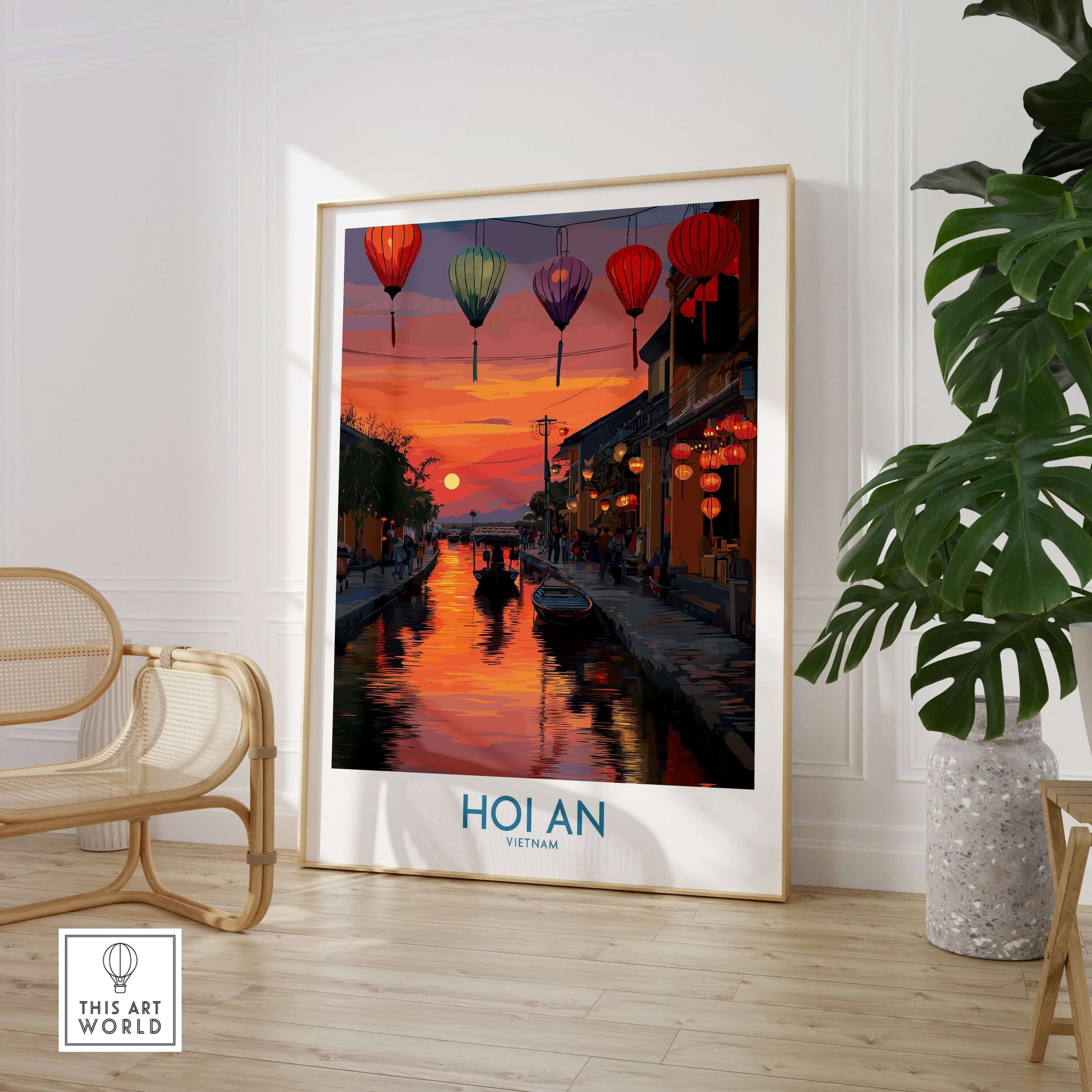 Hoi An Wall Art Vietnam - River Boats Poster showcasing a serene riverside scene with colorful lanterns at sunset.