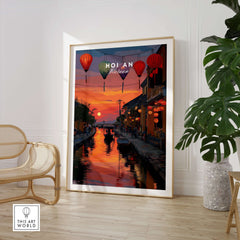 Hoi An Poster Vietnam Lantern Festival Sunset Print - Old Town Wall Art showcased in a cozy interior with lanterns and sunset reflection.