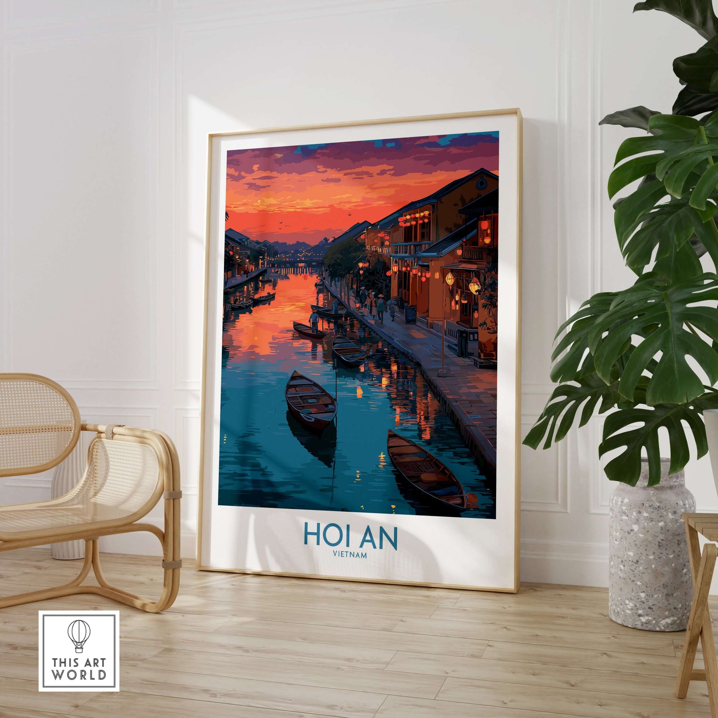 Hoi An Print Vietnam Colorful Lantern Poster showcasing a stunning sunset over the river with glowing lanterns and boats.