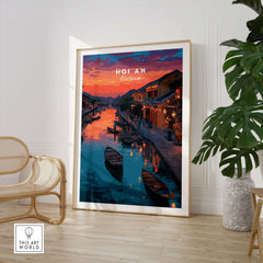 Hoi An Vietnam Poster - Ancient Town Wall Art featuring a vibrant sunset over the tranquil streets and boats.
