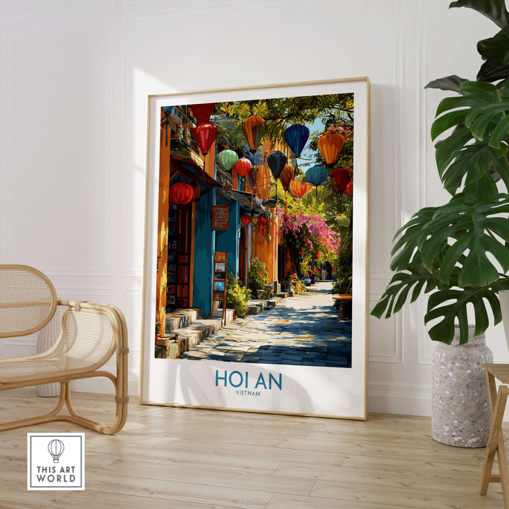 Hoi An Vietnam colorful lantern wall art print with vibrant street scene and tropical plants, perfect for home decor.