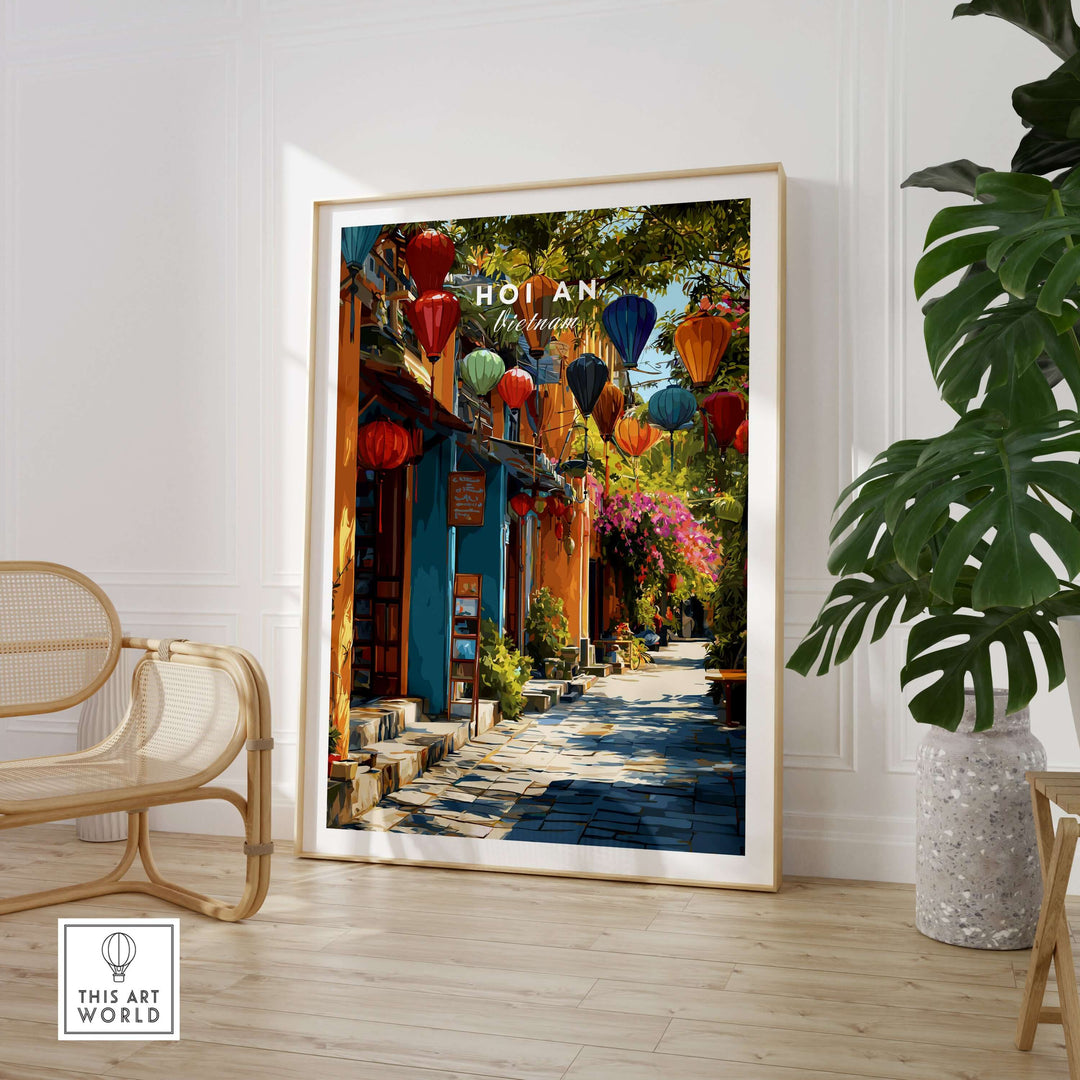 Hoi An Vietnam poster featuring vibrant lanterns in a colorful alley of the UNESCO Old Quarter.