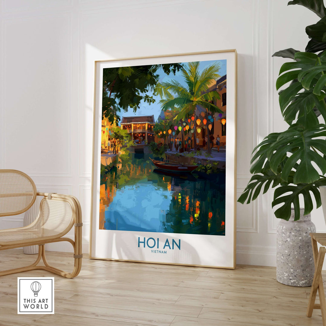 Hoi An Vietnam wall art featuring an evening river scene with lanterns and palm trees in a tranquil setting.