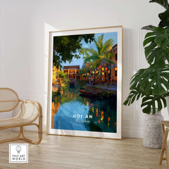 Hoi An Vietnam Night Print - Old Town Lanterns Poster showcasing vibrant traditional lanterns by a tranquil river.