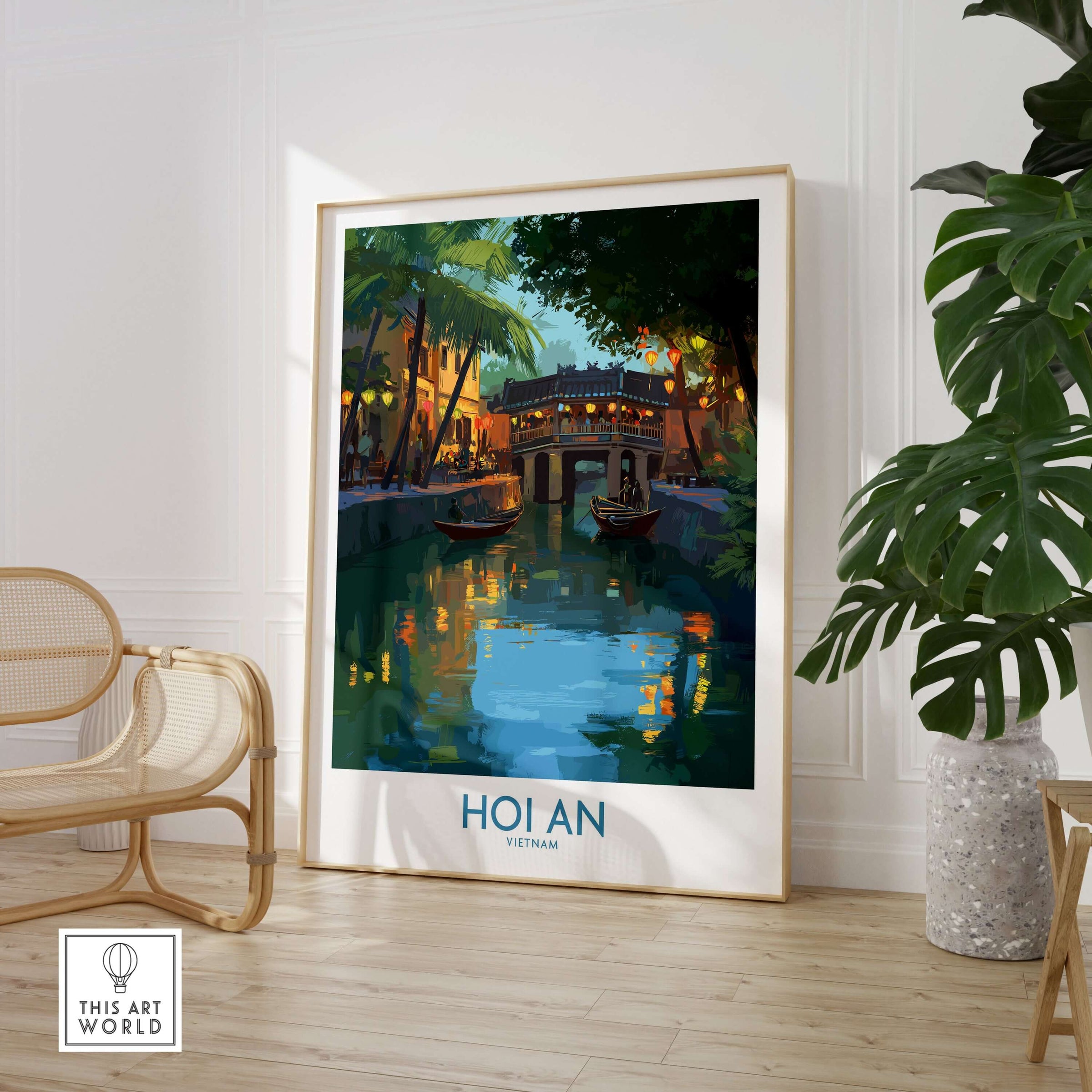 Hoi An Vietnam River Scene Wall Art - Vietnamese Heritage Decor featuring a serene river and bridge.