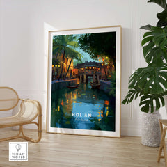 Hoi An Vietnam Poster - Iconic Landmark Print displayed in a stylish interior with a serene water scene and lush greenery.