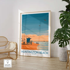 Huntington Beach Surfing Beach Poster - California Travel Decor featuring vibrant coastal scenery and palm trees.
