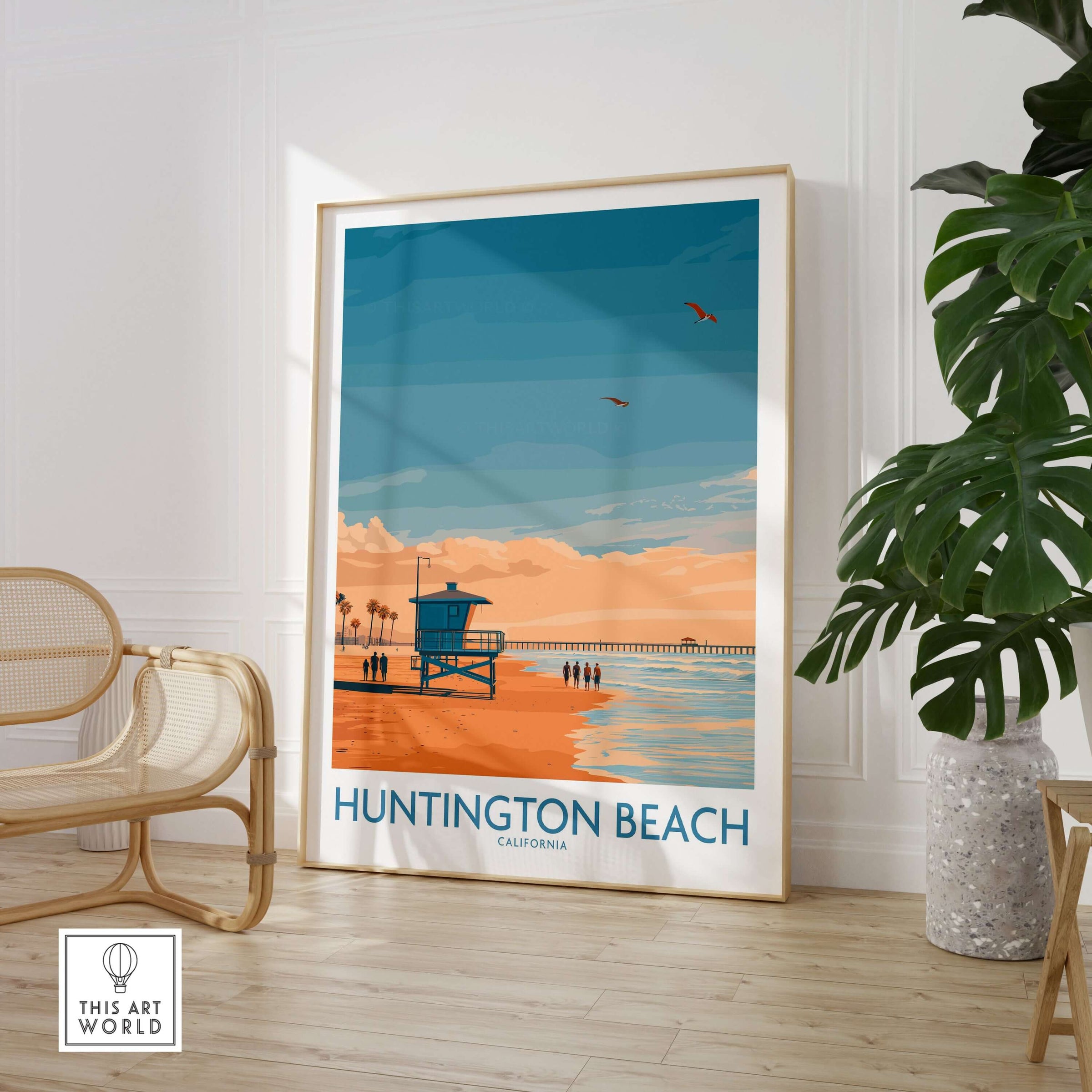 Huntington Beach Surfing Beach Poster - California Travel Decor featuring vibrant coastal scenery and palm trees.