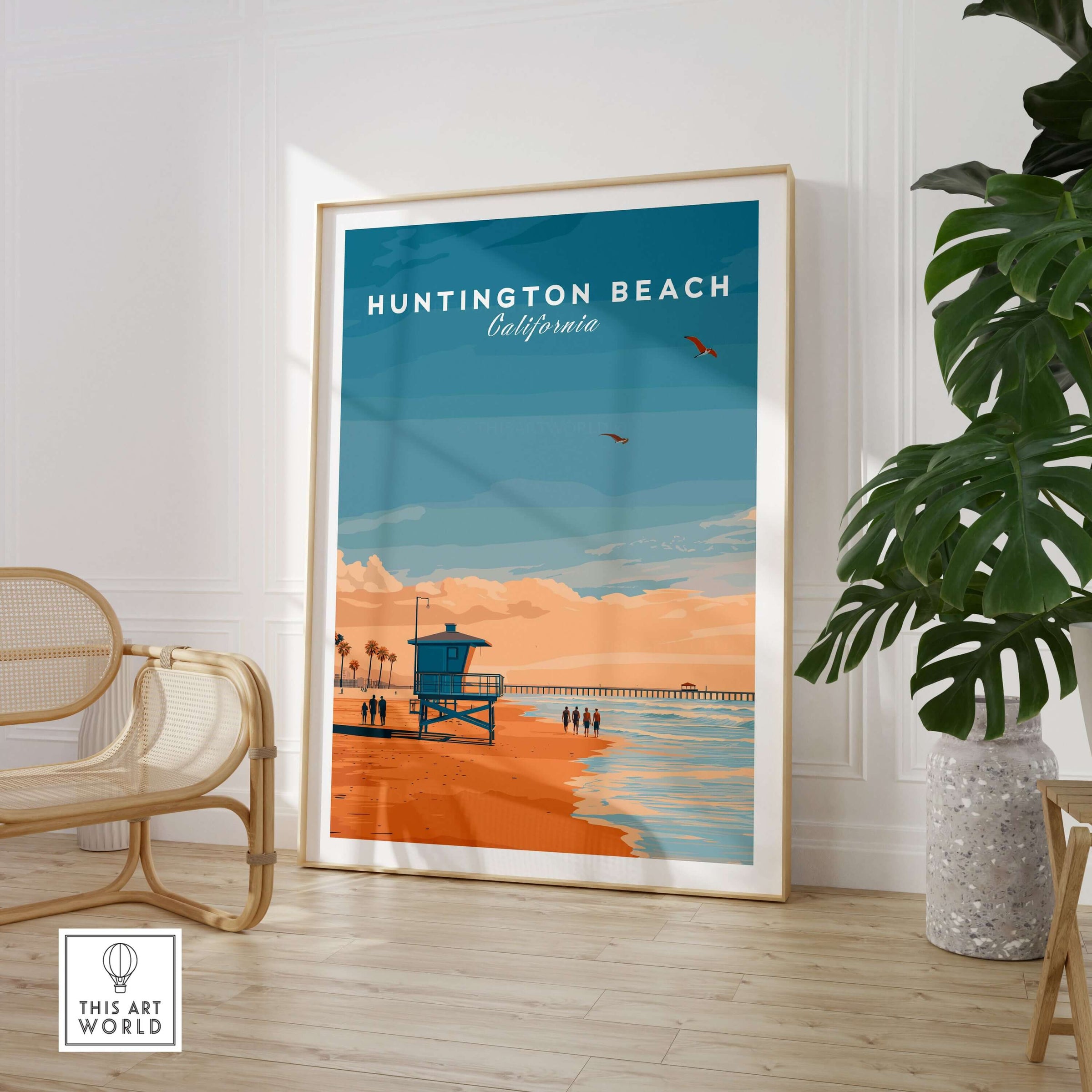 Huntington Beach Lifeguard Tower Print - California Sunset Wall Art showcasing a vibrant beach scene.