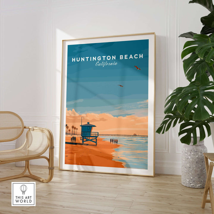 Huntington Beach lifeguard tower print showcasing a vibrant California sunset, ideal for coastal-themed wall art.