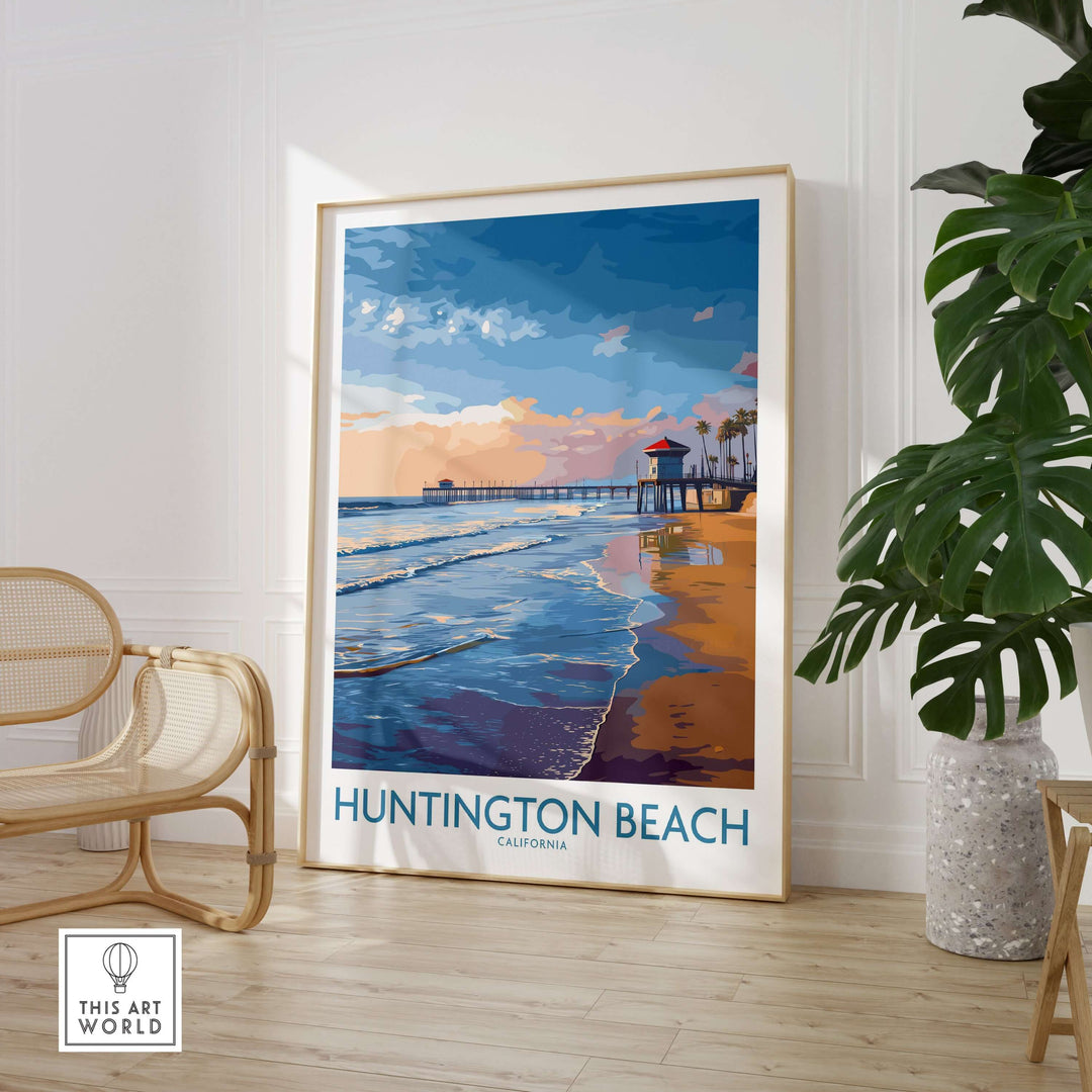 Huntington Beach California poster showcasing vibrant surf culture and coastal scenery in a stylish home decor setting.
