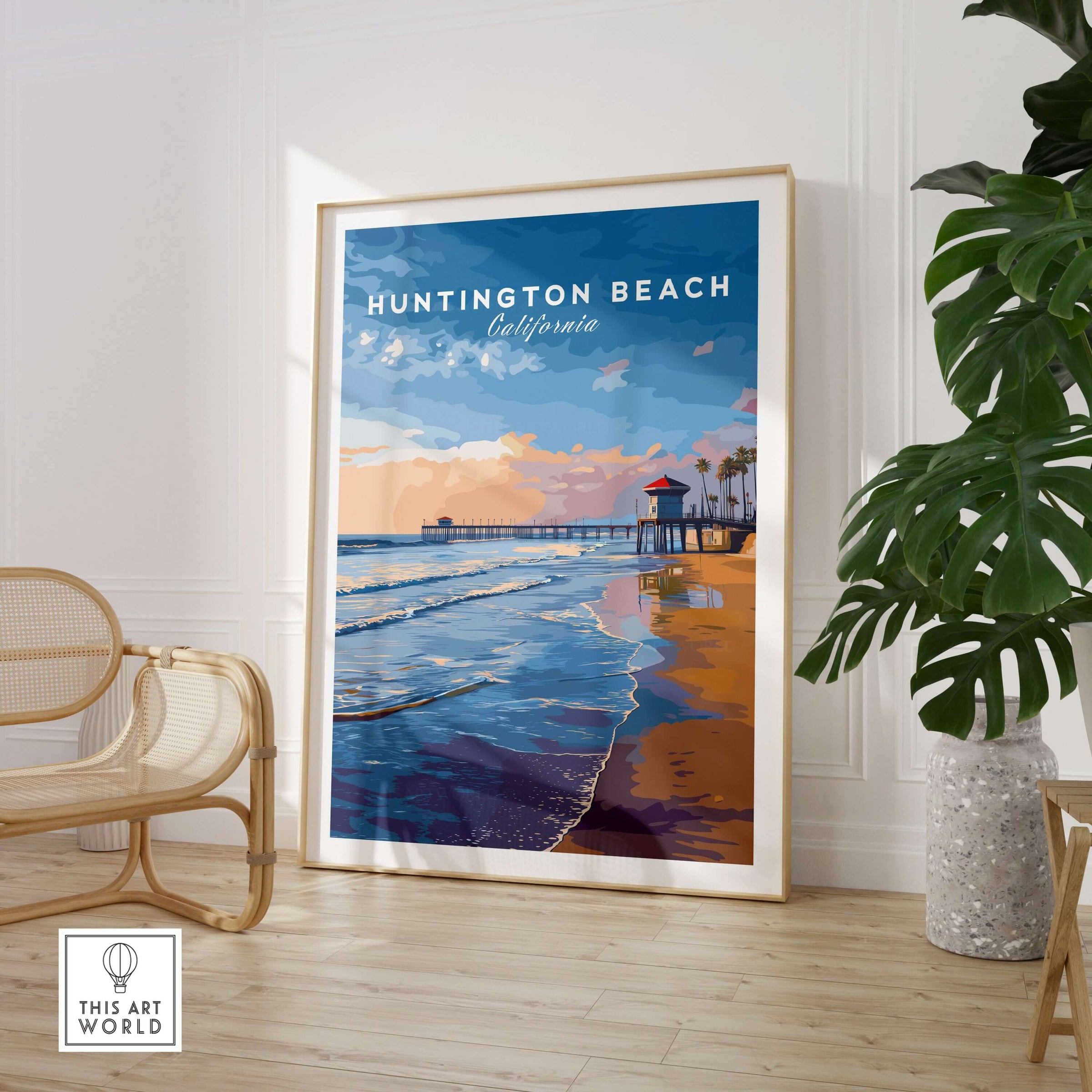 Huntington Beach Pier at Sunset Poster - Coastal California Wall Art showcasing a beautiful coastal scene in warm hues.