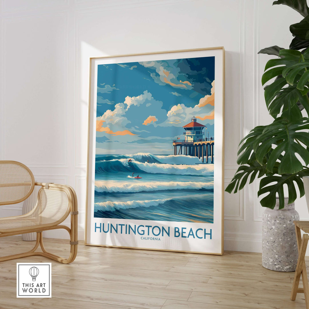 Huntington Beach California surfing poster showcasing waves and coastline in a stylish living space.