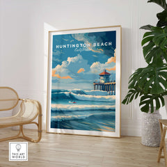 Huntington Beach Surfers Catching Waves Print - California Surfing Wall Art displayed in a bright living room.