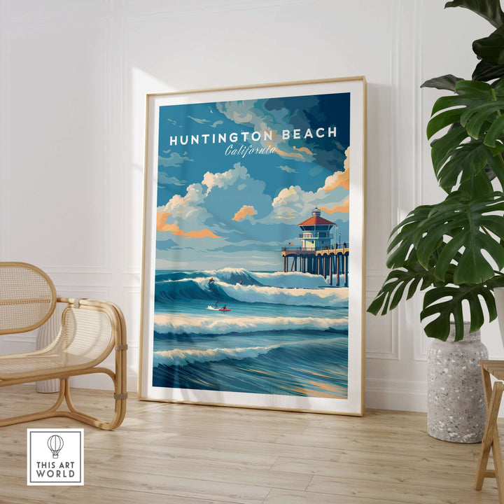 Huntington Beach Surfers Catching Waves Print showcasing vibrant surf culture and ocean waves in a stylish interior setting.