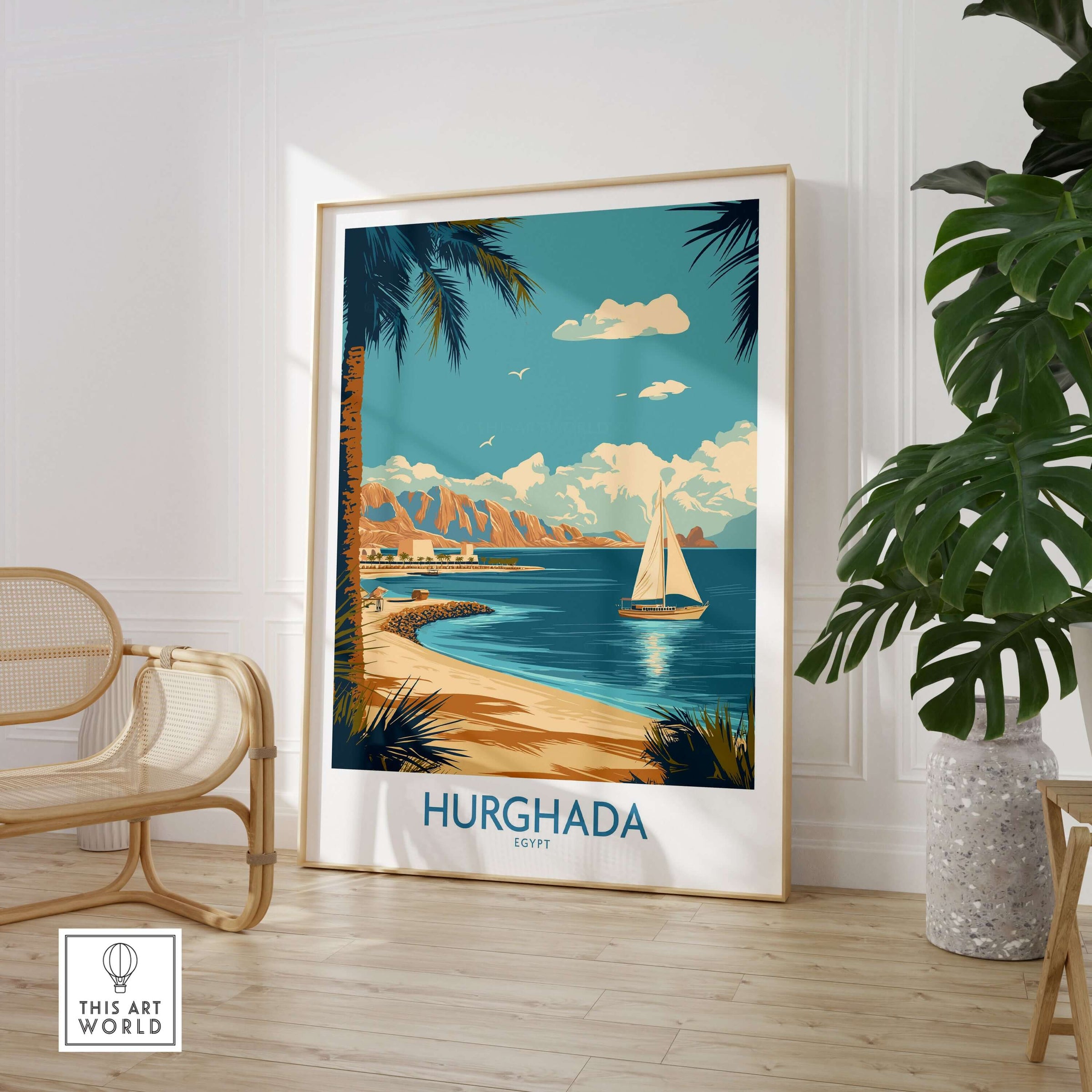 Hurghada Egypt Poster - Egyptian Coastal Decor showcasing a serene coastal scene with a sailboat and palm trees.