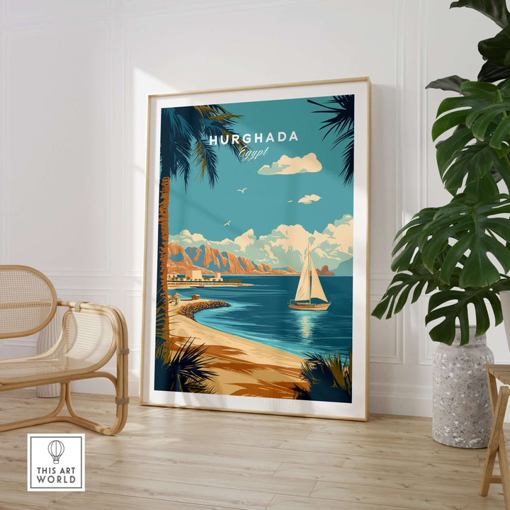 Hurghada Egypt Red Sea beach print featuring a sailboat and tropical landscape, perfect for resort-style wall art.