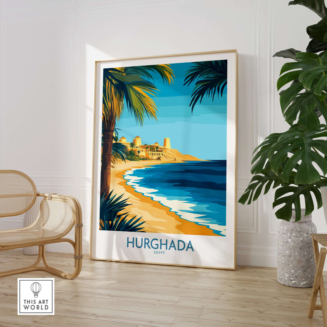Hurghada Egypt wall art featuring vibrant beach scene with palm trees and coastal beauty, perfect for home decor.
