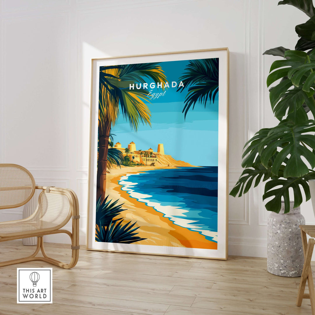 Hurghada Egypt beach poster featuring palm trees and a sunny coastline, perfect for travel decor and tropical vibes.