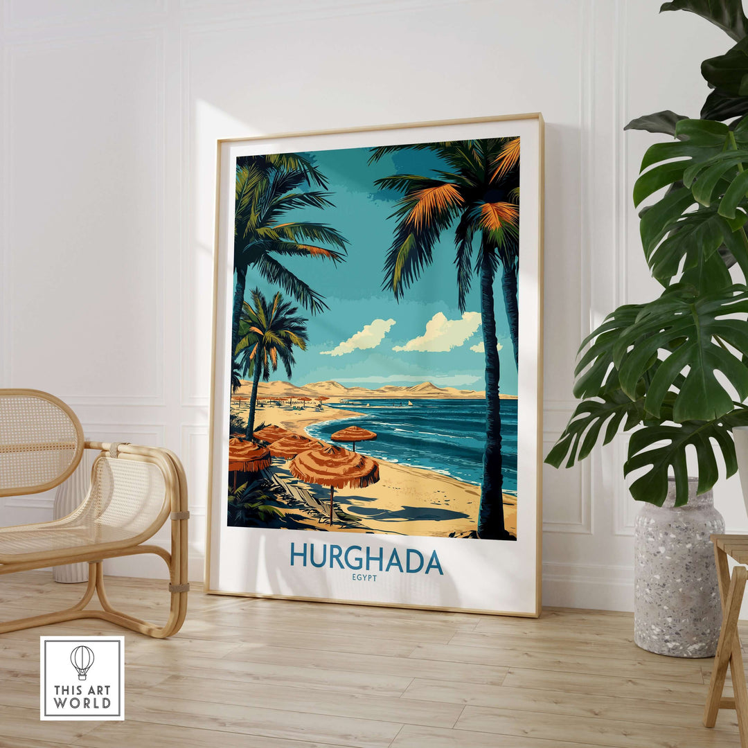 Hurghada poster showcasing palm trees and beach, perfect for adding a touch of exotic resort decor to your home.