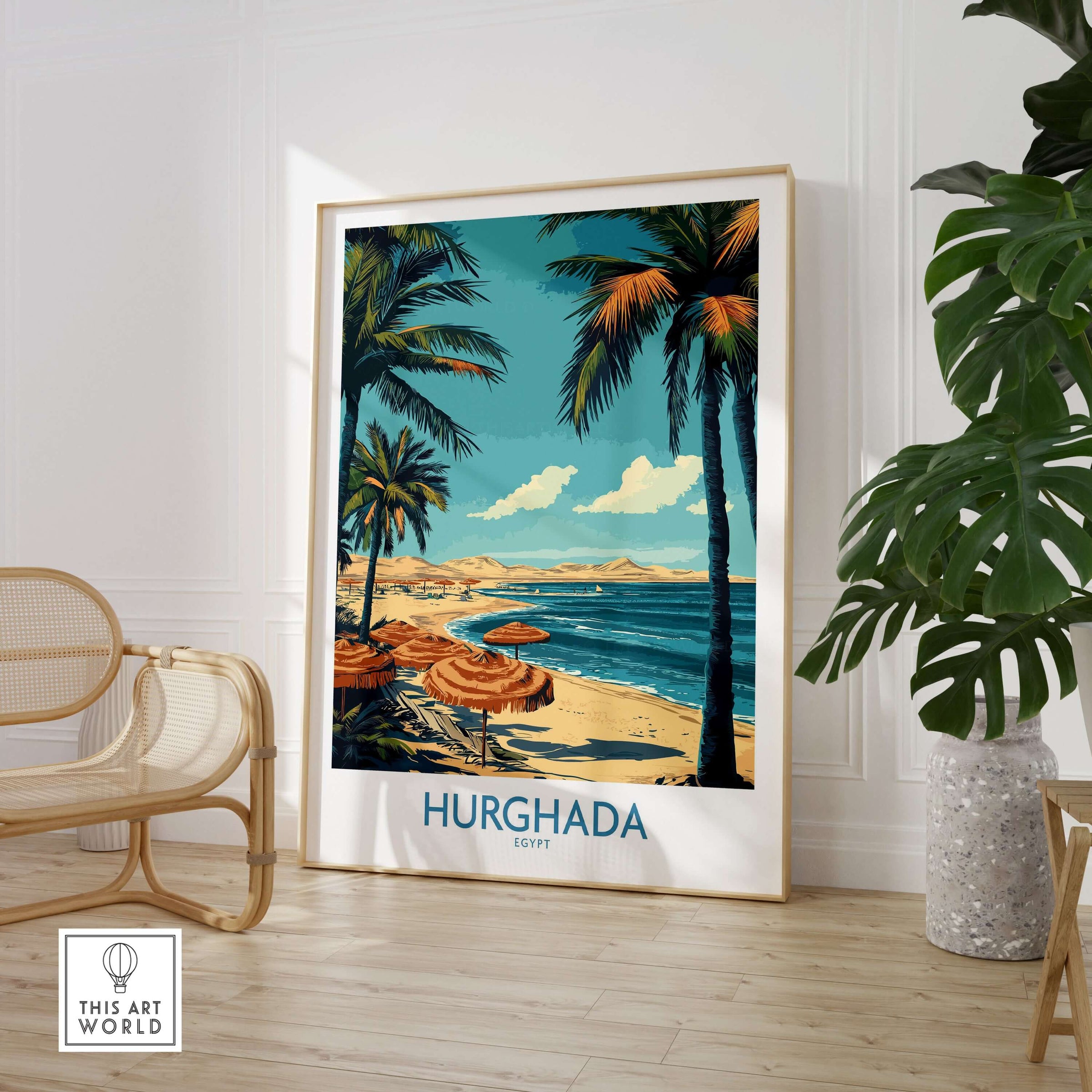 Hurghada Poster Egypt - Egyptian Resort Decor featuring vibrant beach scene with palm trees and blue waters.