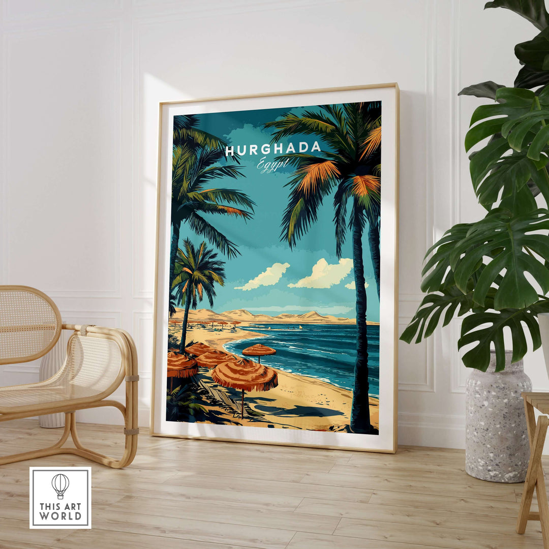 Hurghada Egypt print showcasing tropical coastal views with palm trees, perfect for vacation wall art.