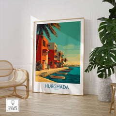 Hurghada Egypt Wall Art - Travel Print showcasing vibrant coastal scenery and Red Sea in a stylish room setting.