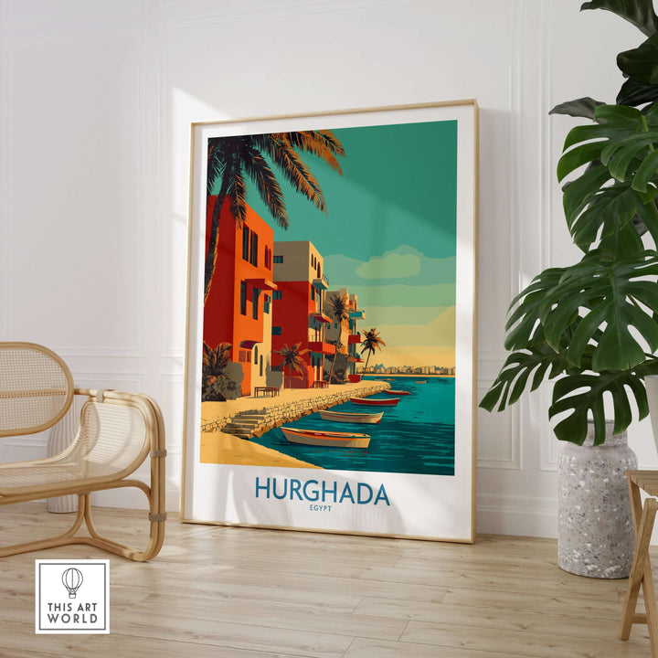 Colorful Hurghada wall art print showcasing coastal scenery and boats near the Red Sea in a vibrant interior setting.