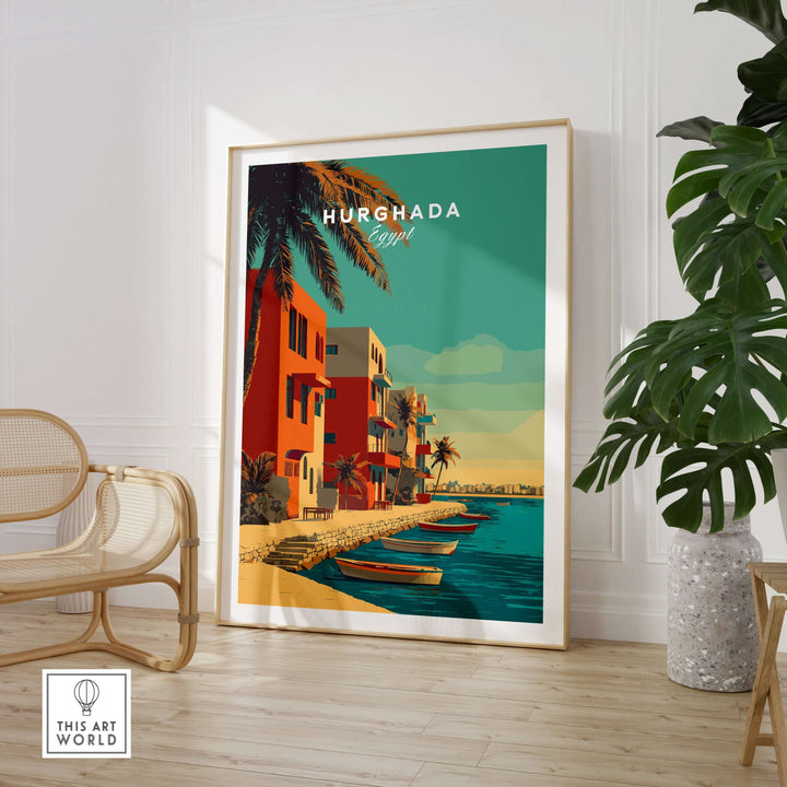 Hurghada Egypt poster featuring colorful buildings and boats by the Red Sea, perfect tropical vacation wall art.