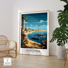 Hurghada Poster Egypt Art Print showcasing vibrant coastline, boats, and palm trees in an elegant interior setting.