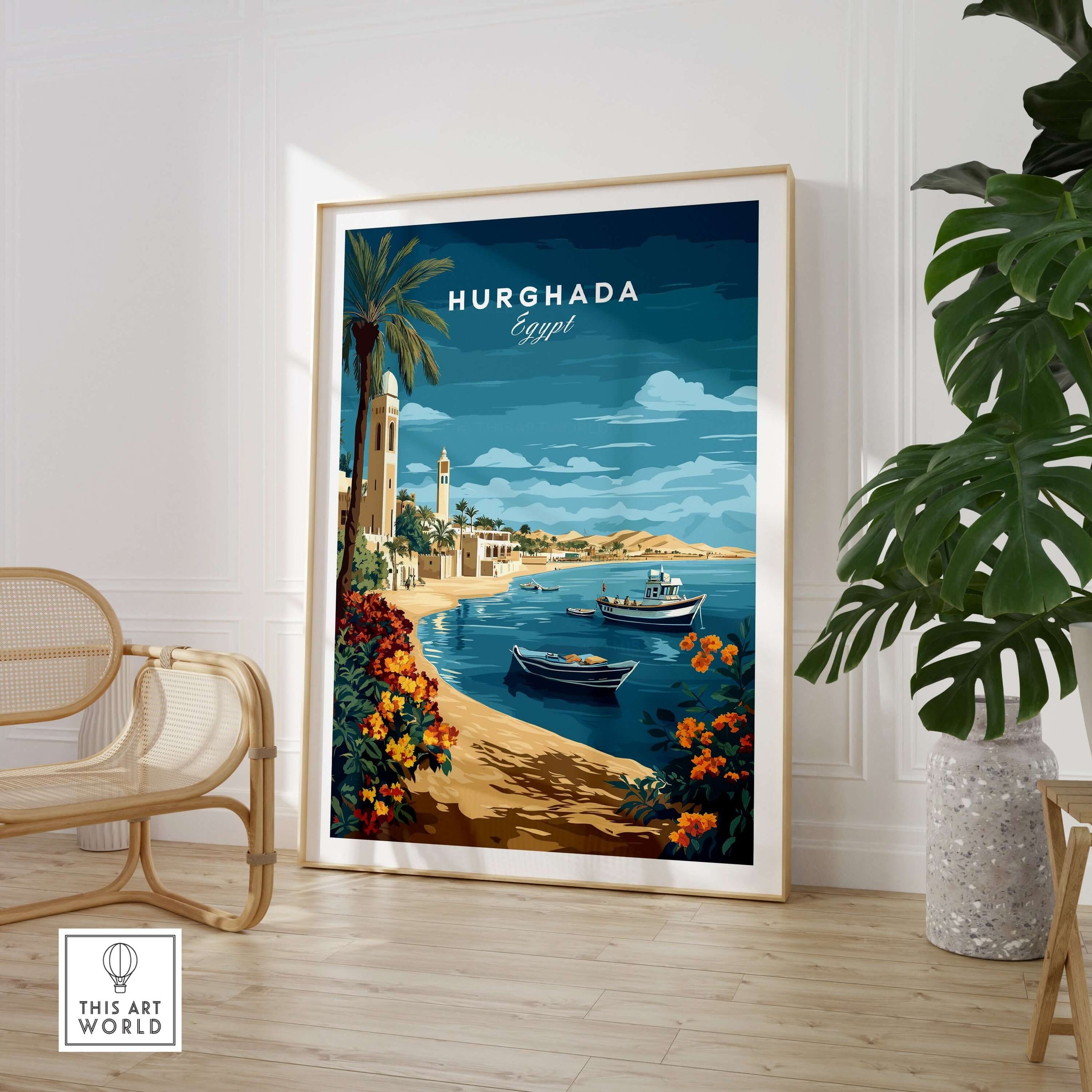 Hurghada Print Egypt - Red Sea Travel Wall Art showcasing vibrant coastal scene with boats and palm trees.