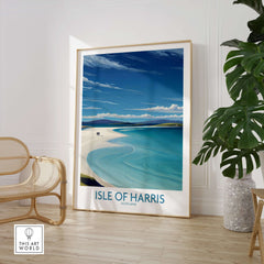 Isle of Harris Poster Scotland - Outer Hebrides Travel Print displayed in a stylish interior setting with coastal scenery.