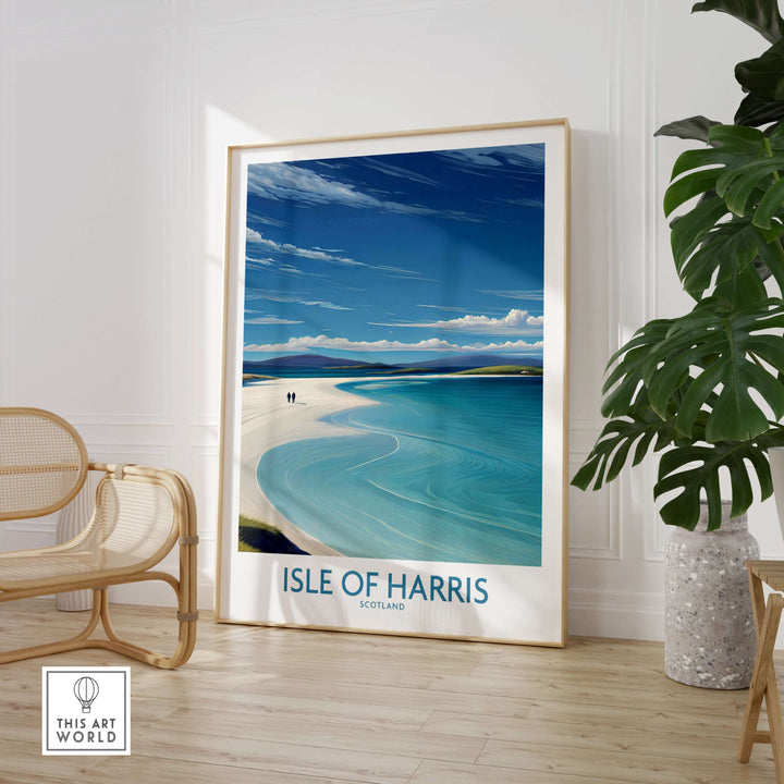 Isle of Harris travel poster showcasing Scotland's coastal beauty with a serene beach and vibrant blue waters.