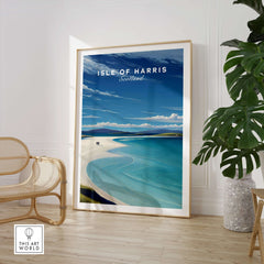 Isle of Harris Scotland Luskentyre Beach Print - White Sand Coastal Wall Art displayed in a modern interior.