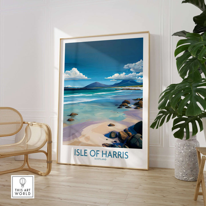 Isle of Harris poster showcasing serene Hebridean seascape and crystal-clear waters, perfect coastal decor for any room.