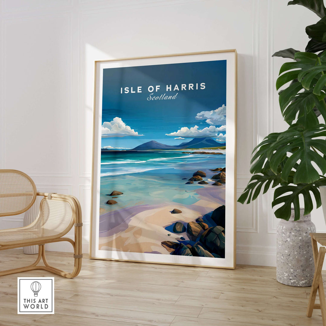 Isle of Harris Scotland beach print featuring blue skies and rocky coastline wall art in elegant interior setting.